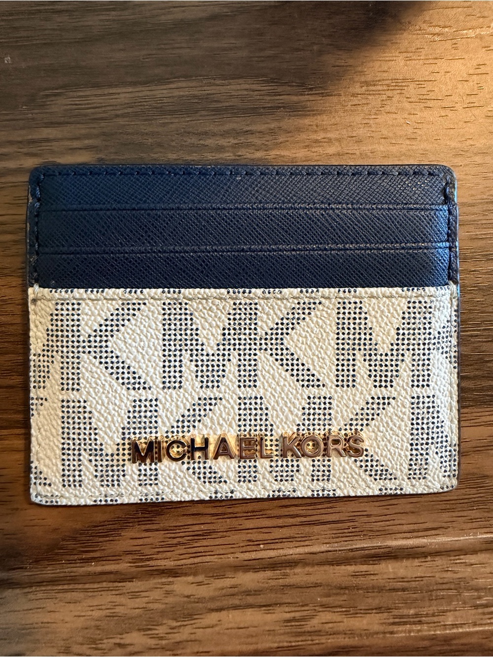 Michael Kors Navy & Cream MK Logo Card Case with Gold Plaque